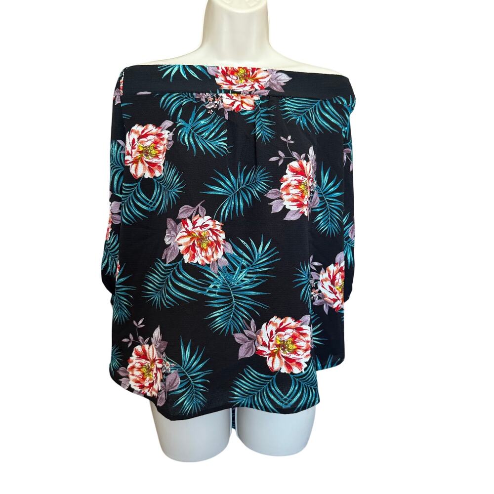 Iris Black Tropical Foliage Off Shoulder 3/4 Sleeve Blouse 2X NWT